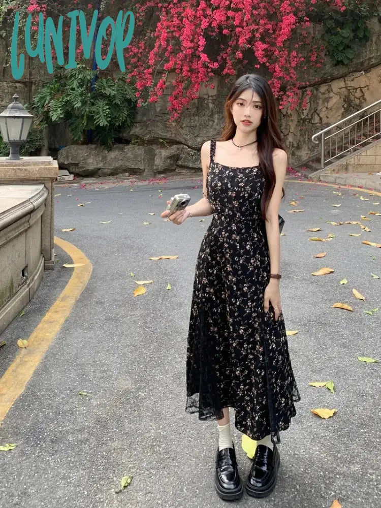 Lunivop Y2K Vintage Black Mesh Dress Women Korean Reviews Many Dresses Fairy Floral Summer One