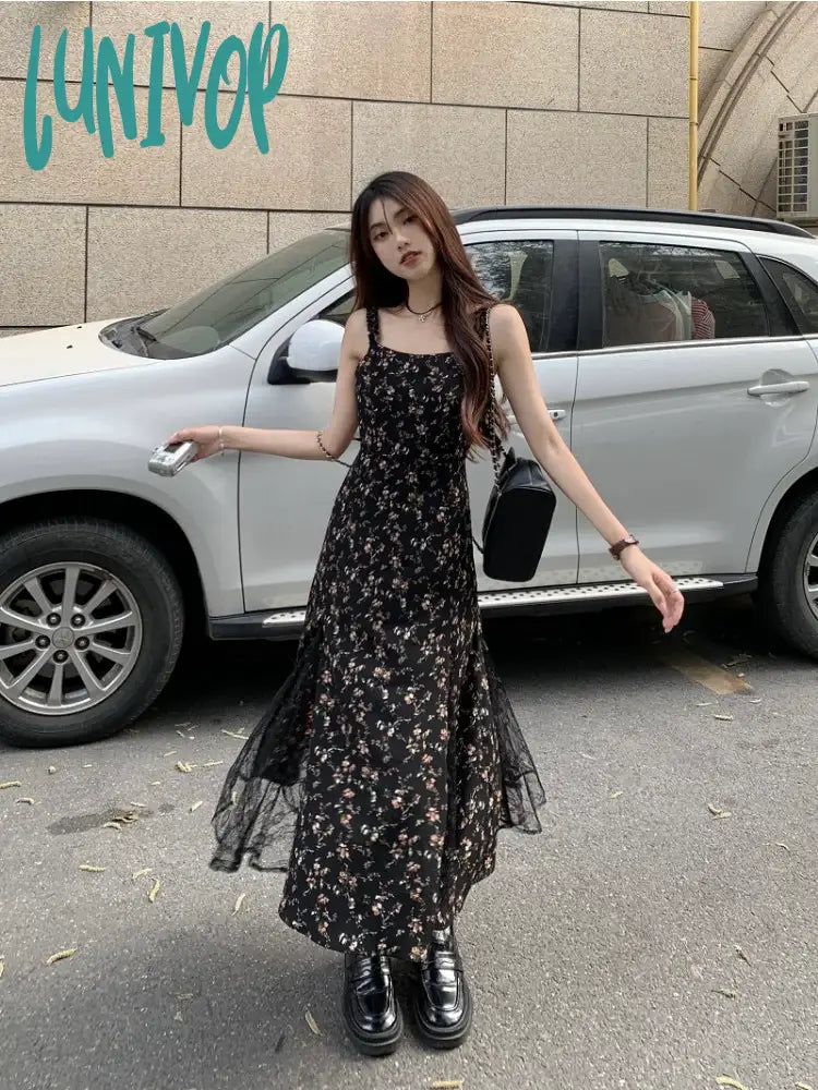 Lunivop Y2K Vintage Black Mesh Dress Women Korean Reviews Many Dresses Fairy Floral Summer One