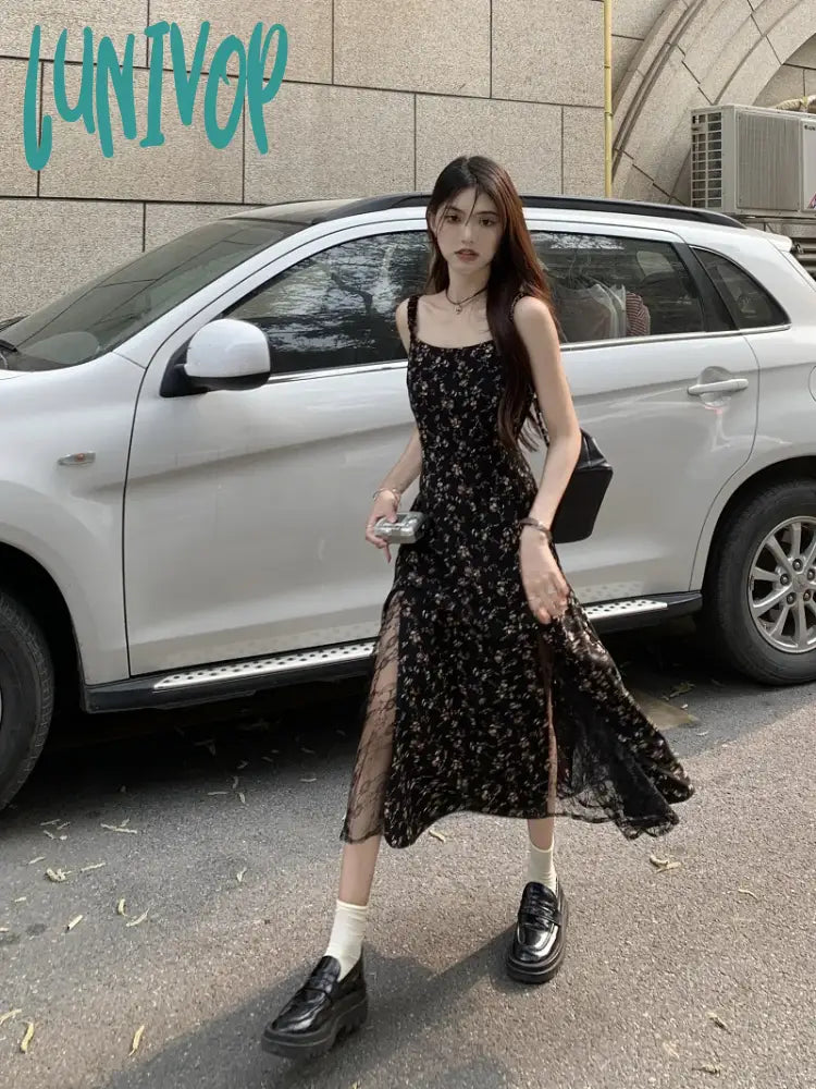 Lunivop Y2K Vintage Black Mesh Dress Women Korean Reviews Many Dresses Fairy Floral Summer One