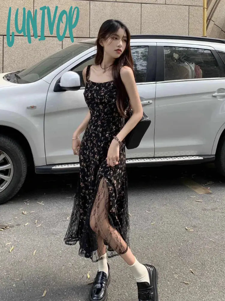 Lunivop Y2K Vintage Black Mesh Dress Women Korean Reviews Many Dresses Fairy Floral Summer One