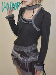 Lunivop Y2K Vintage Gray T Shirts Women Harajuku Grunge Patchwork Long Sleeve Tees Fairycore Lace