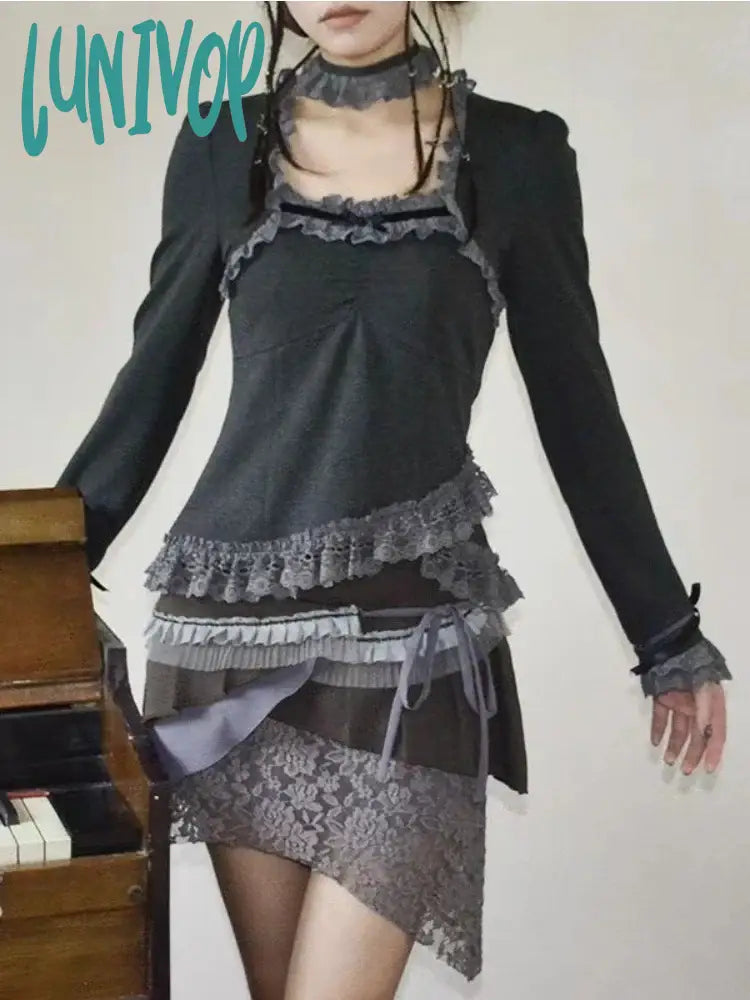 Lunivop Y2K Vintage Gray T Shirts Women Harajuku Grunge Patchwork Long Sleeve Tees Fairycore Lace