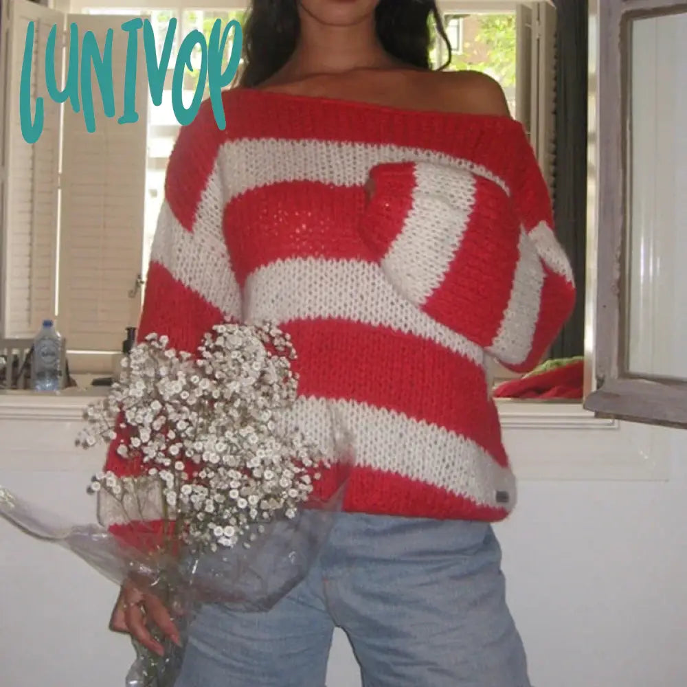 Lunivop Y2K Vintage Lounge Knitwear Casual Loose Fit Striped Sweater Autumn Winter O Neck Long