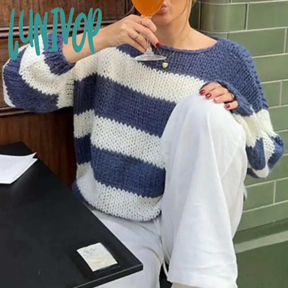 Lunivop Y2K Vintage Lounge Knitwear Casual Loose Fit Striped Sweater Autumn Winter O Neck Long