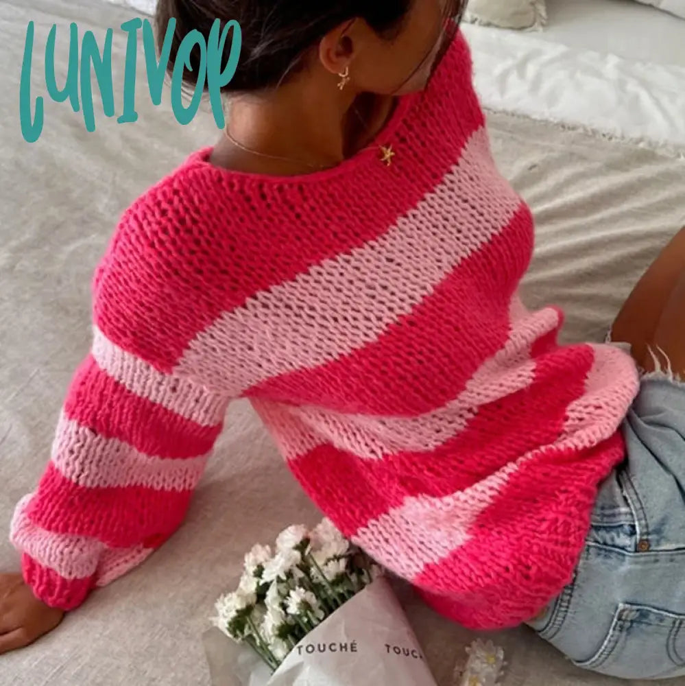 Lunivop Y2K Vintage Lounge Knitwear Casual Loose Fit Striped Sweater Autumn Winter O Neck Long