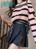 Lunivop Y2K Vintage Pink Striped Cropped Sweater Women Harajuku Off Shoulder Knitted Jumper Korean