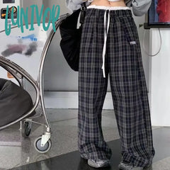 Lunivop Y2K Vintage Plaid Pants Woman America Retro Oversized Casual Sports Trousers Autumn Jogging