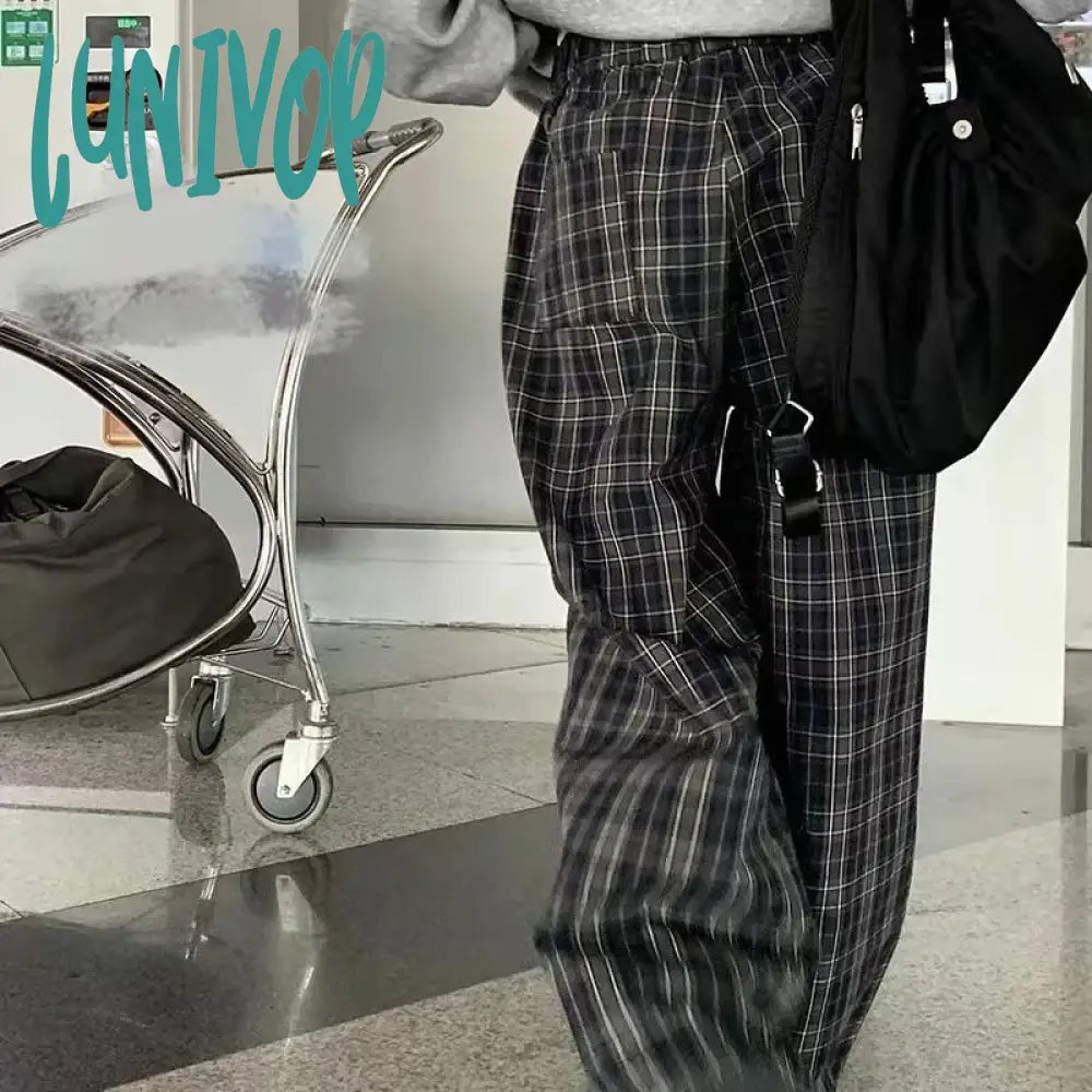 Lunivop Y2K Vintage Plaid Pants Woman America Retro Oversized Casual Sports Trousers Autumn Jogging