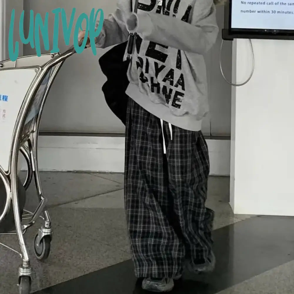 Lunivop Y2K Vintage Plaid Pants Woman America Retro Oversized Casual Sports Trousers Autumn Jogging