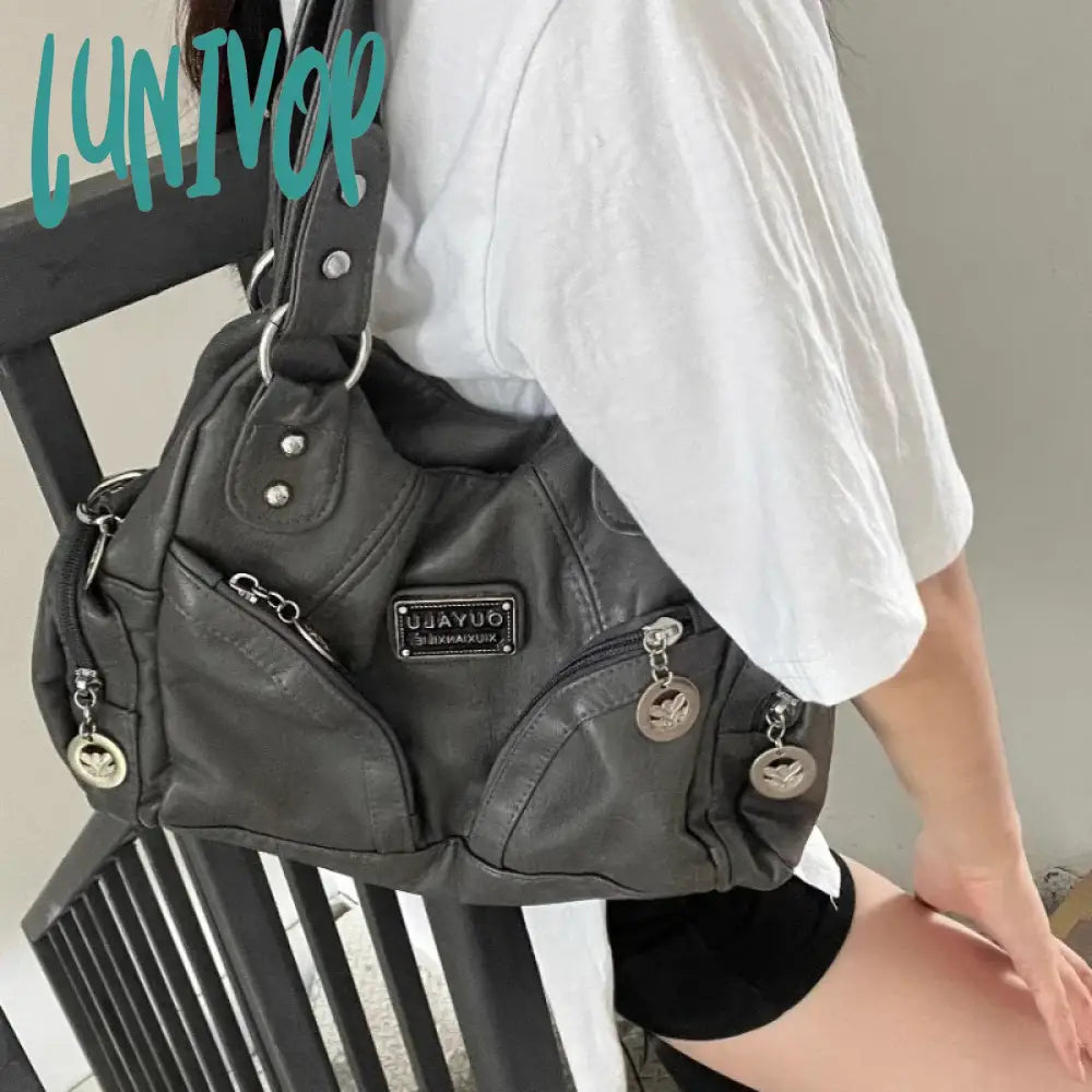 Lunivop Y2K Vintage Shoulder Bag For Women Large Capacity Gothic Soft Pu Leather Motorcycle Handbag