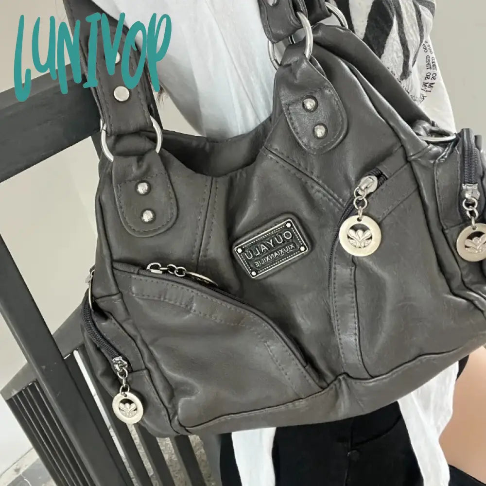 Lunivop Y2K Vintage Shoulder Bag For Women Large Capacity Gothic Soft Pu Leather Motorcycle Handbag