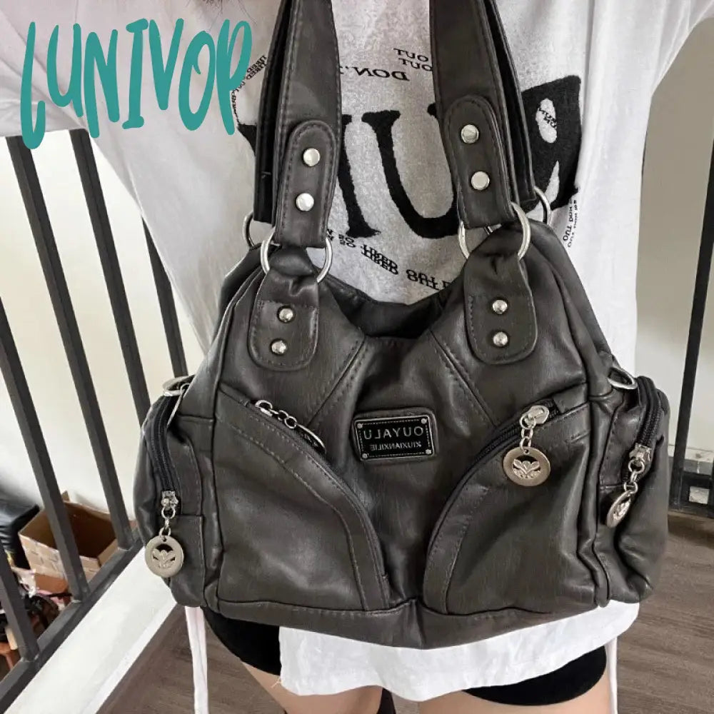 Lunivop Y2K Vintage Shoulder Bag For Women Large Capacity Gothic Soft Pu Leather Motorcycle Handbag