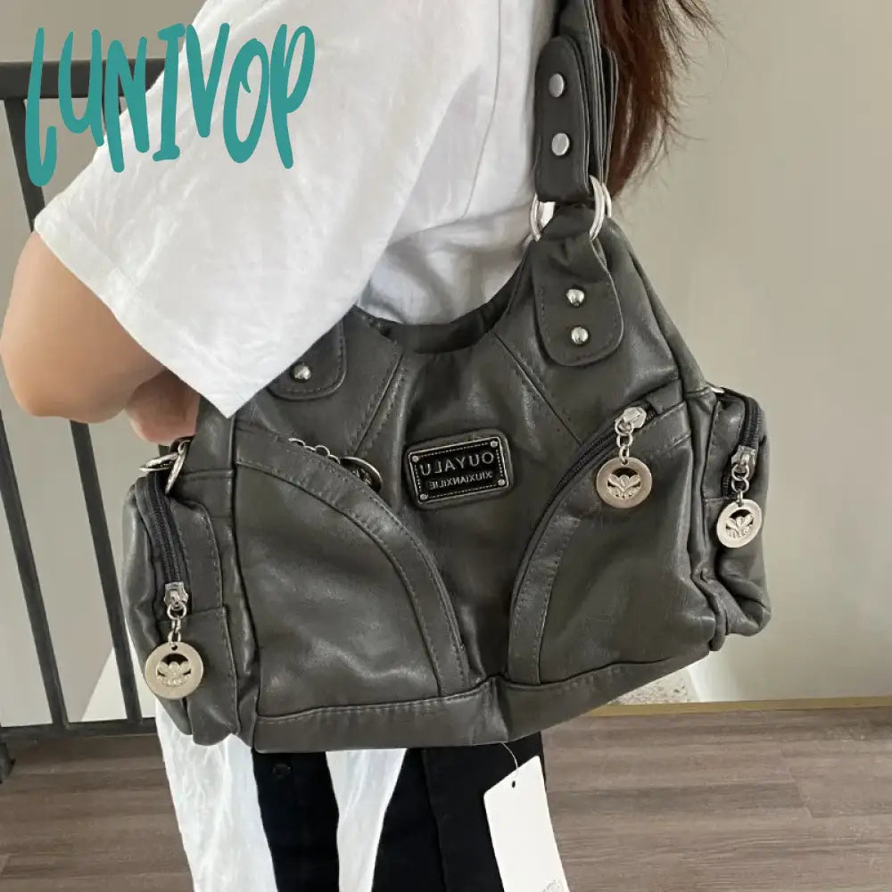 Lunivop Y2K Vintage Shoulder Bag For Women Large Capacity Gothic Soft Pu Leather Motorcycle Handbag