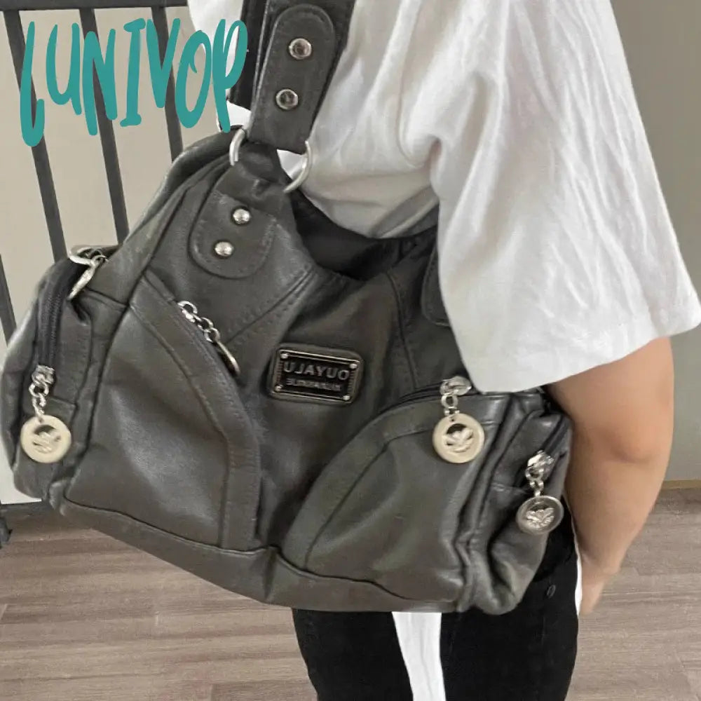 Lunivop Y2K Vintage Shoulder Bag For Women Large Capacity Gothic Soft Pu Leather Motorcycle Handbag