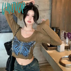 Lunivop Y2K Vintage Women Long Sleeve Crop Tops Denim Butterfly Patch V-Neck Knit T-Shirts Spring