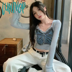 Lunivop Y2K Vintage Women Long Sleeve Crop Tops Denim Butterfly Patch V-Neck Knit T-Shirts Spring