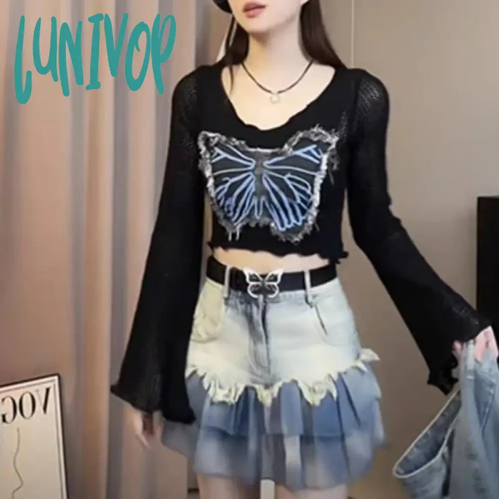 Lunivop Y2K Vintage Women Long Sleeve Crop Tops Denim Butterfly Patch V-Neck Knit T-Shirts Spring