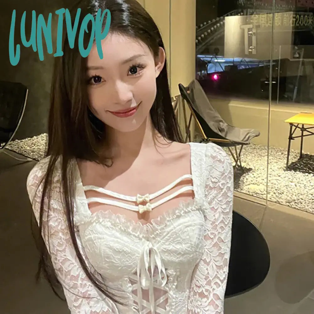 Lunivop Y2K White Lace Women Sexy Tops T-Shirt Lolita Cute Slim Long Sleeve All-Match Casual