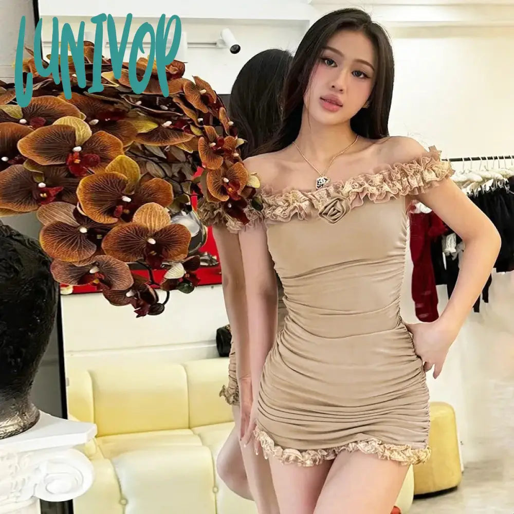 Lunivop Y2K White Mini Dress And Top Suit Women Off-Shoulder Sleeveless 3D Flower Lace Patchwork