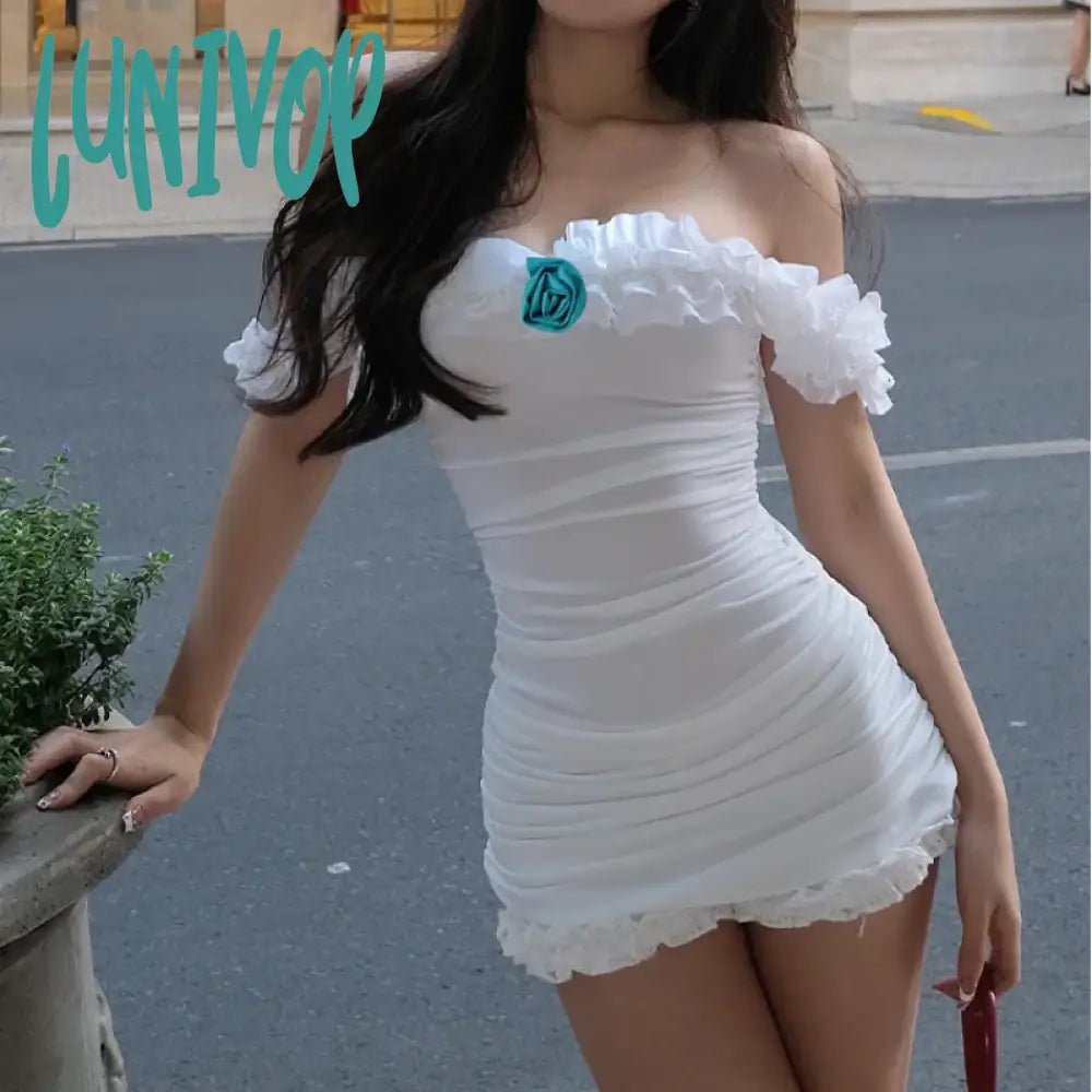 Lunivop Y2K White Mini Dress And Top Suit Women Off-Shoulder Sleeveless 3D Flower Lace Patchwork
