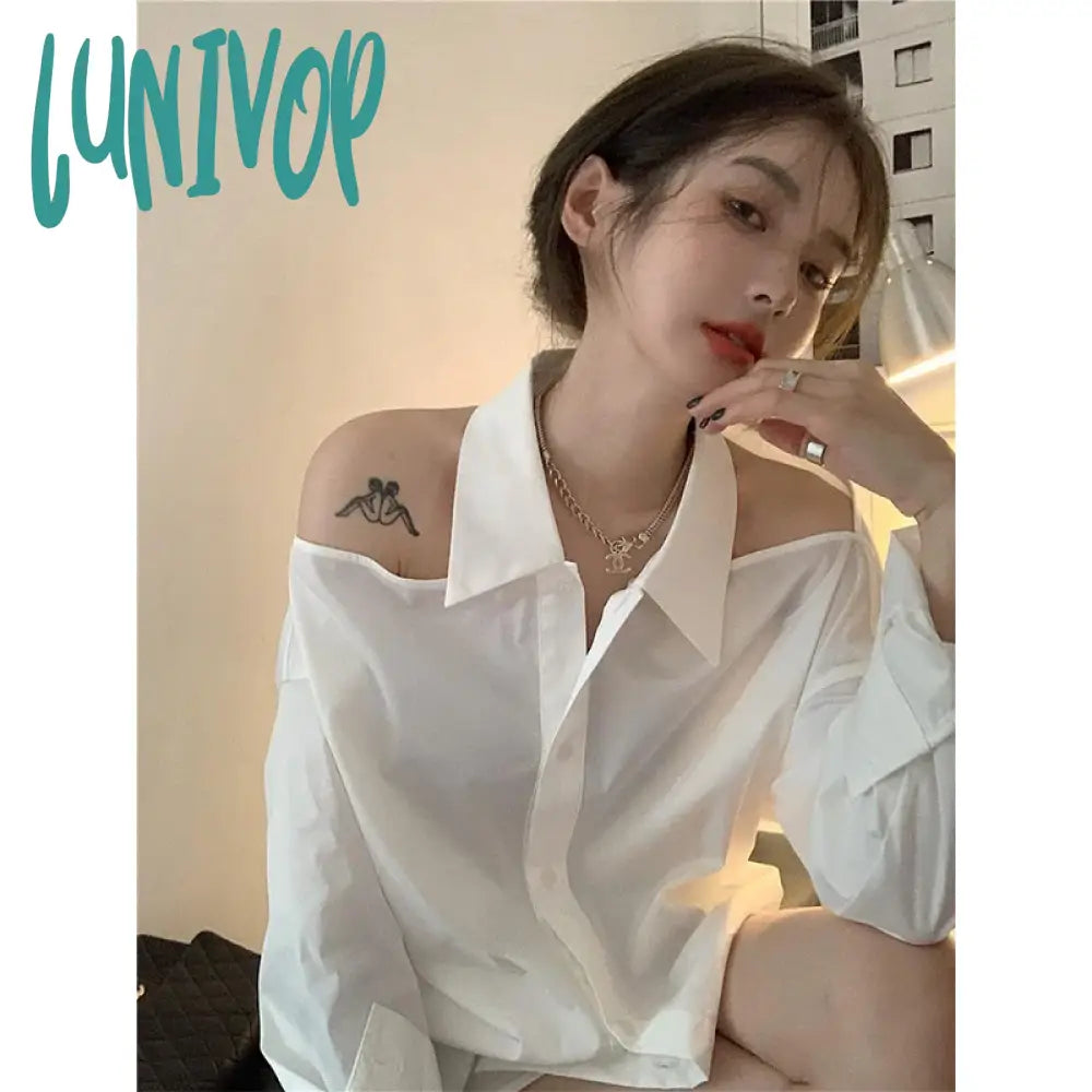 Lunivop Y2K White Shirts Women Streetwear Sexy Halter Hollow Out Long Sleeve Blouse Korean Lady