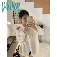 Lunivop Y2K White Shirts Women Streetwear Sexy Halter Hollow Out Long Sleeve Blouse Korean Lady