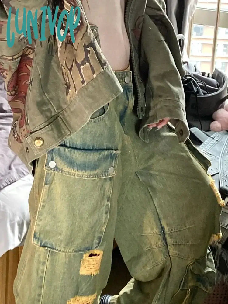 Lunivop Y2K Woman Solid Color Trousers Straight Leg Cargo Low Waist Pants Multiple Pockets New