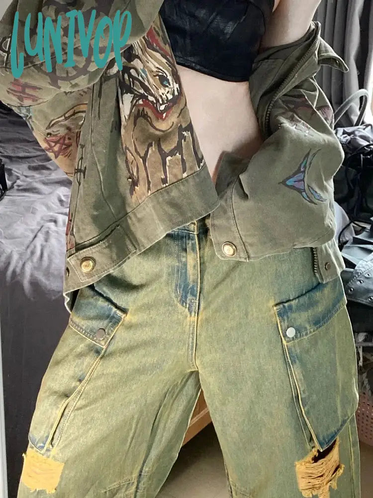 Lunivop Y2K Woman Solid Color Trousers Straight Leg Cargo Low Waist Pants Multiple Pockets New
