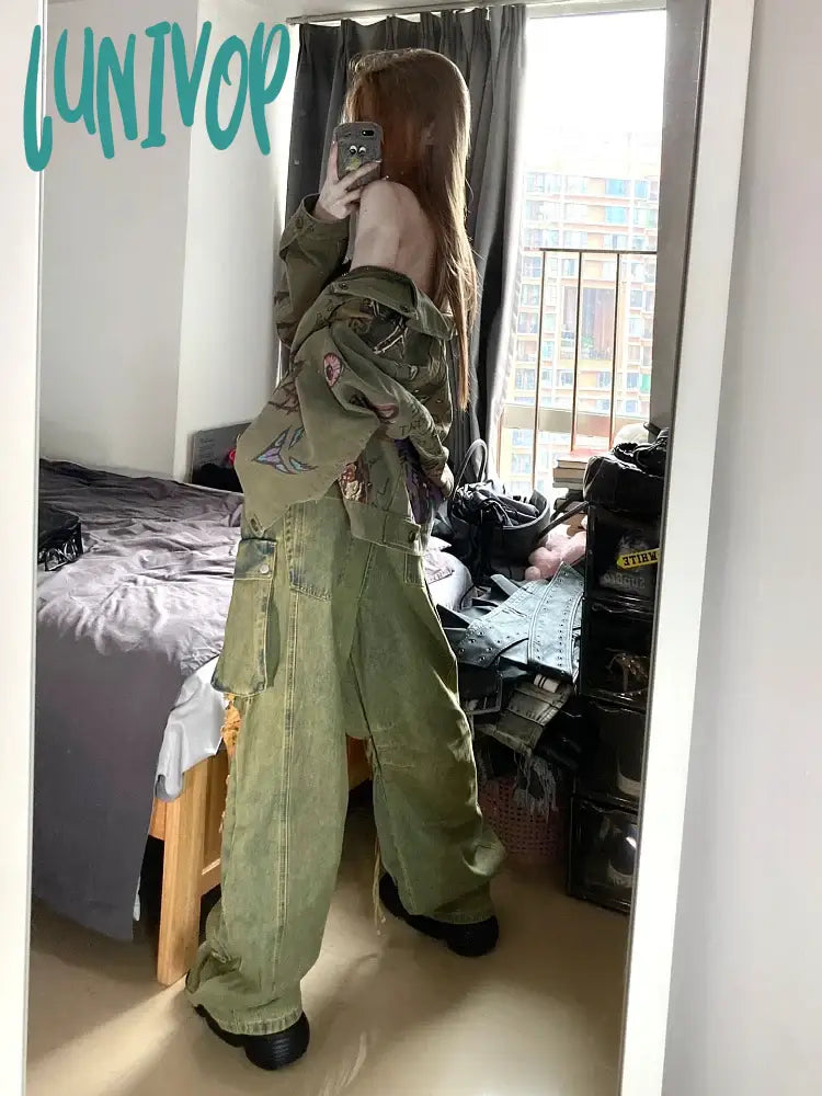 Lunivop Y2K Woman Solid Color Trousers Straight Leg Cargo Low Waist Pants Multiple Pockets New