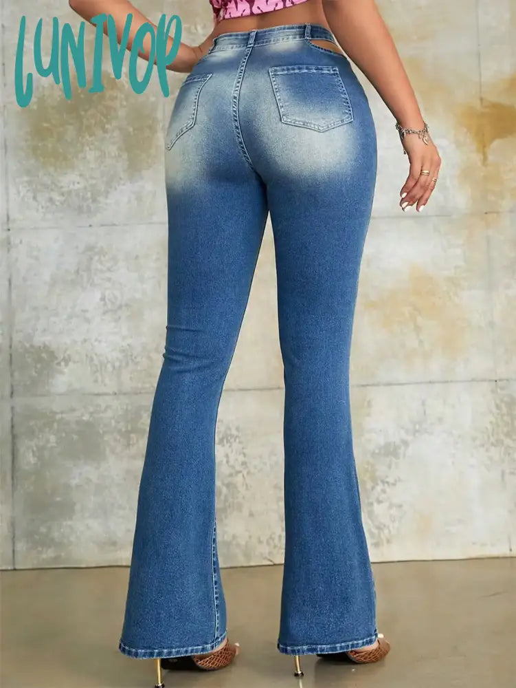 Lunivop Y2K Women Fashion Flared Jeans 90S Vintage Waist Cutout Pocket Patch Denim Trousers Elegant