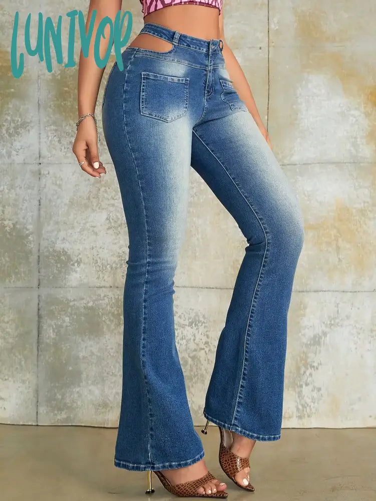 Lunivop Y2K Women Fashion Flared Jeans 90S Vintage Waist Cutout Pocket Patch Denim Trousers Elegant