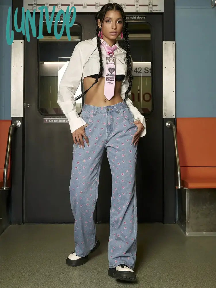 Lunivop Y2K Women Fashion Floral Print Jeans Vintage Baggy Straight Leg Trousers Pink Girls Spring