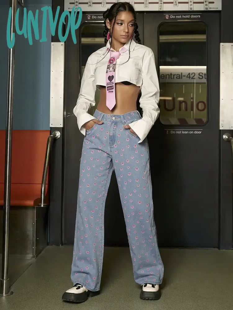 Lunivop Y2K Women Fashion Floral Print Jeans Vintage Baggy Straight Leg Trousers Pink Girls Spring