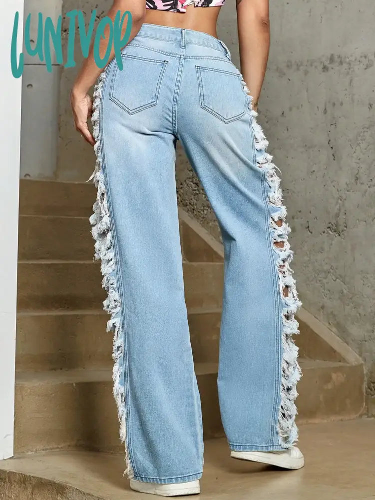 Lunivop Y2K Women Fashion Side Ripped Detail Jeans Street Solid Low Waist Washed Blue Straight Leg