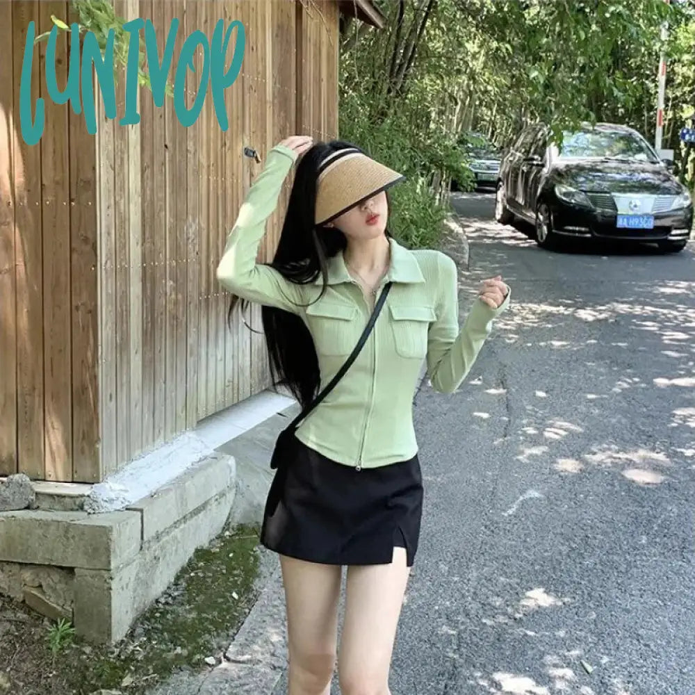Lunivop Y2K Women Streetwear Long Sleeve Zipper Slim Crop Tops Harajuku Preppy Korean Fashion Black