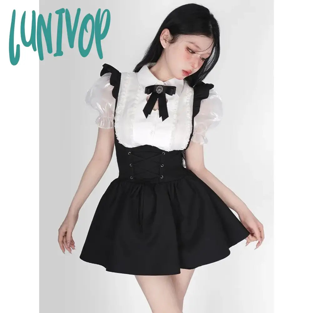 Lunivop Y2K Women Two Pieces Sets Kawaii Lolita Shirts Sweet Black Suspender Skirt Casual Vintage