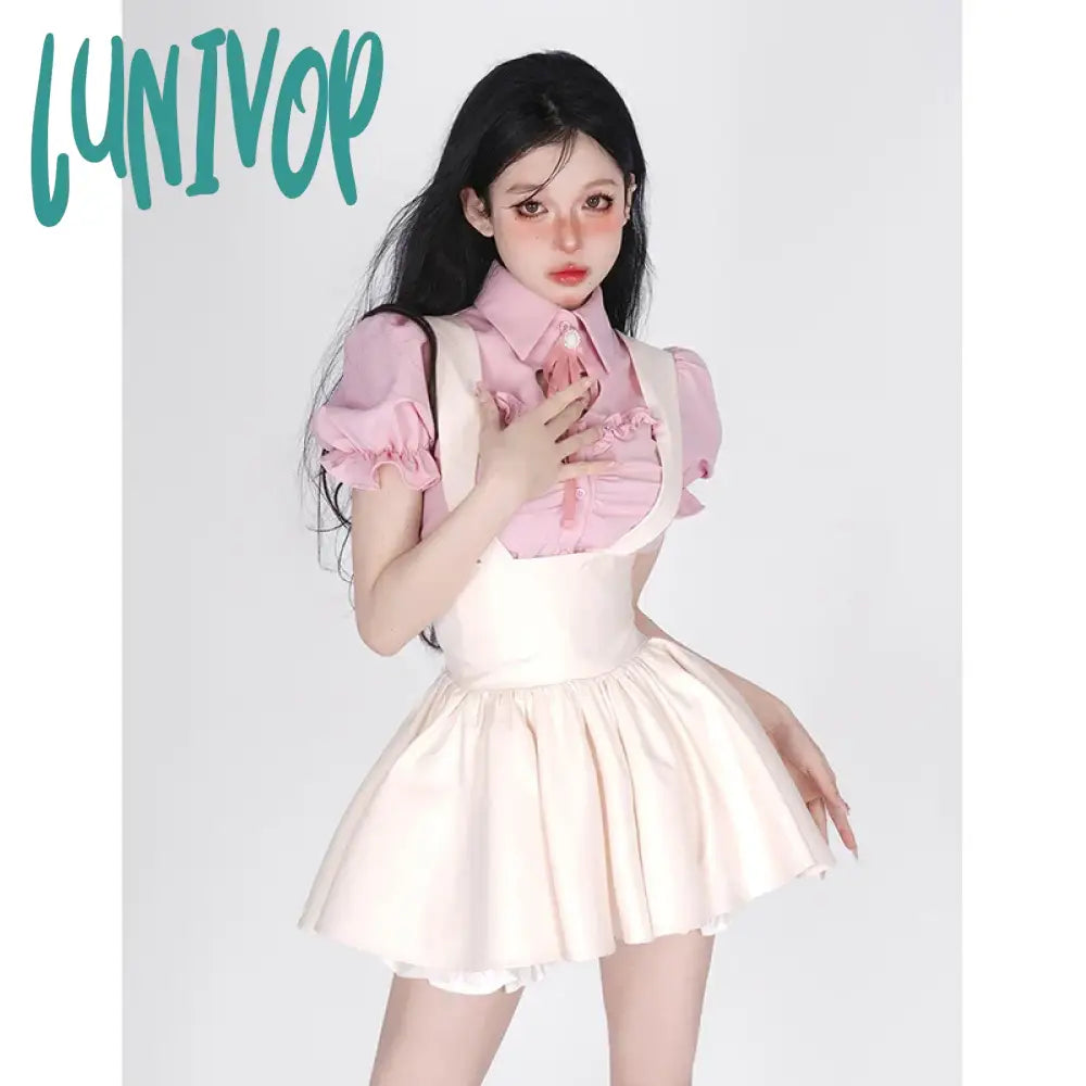 Lunivop Y2K Women Two Pieces Sets Kawaii Lolita Shirts Sweet Black Suspender Skirt Casual Vintage