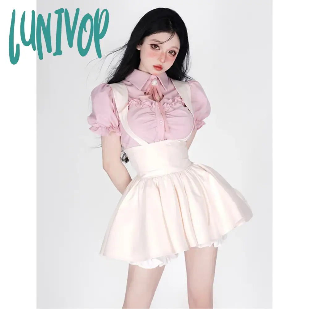 Lunivop Y2K Women Two Pieces Sets Kawaii Lolita Shirts Sweet Black Suspender Skirt Casual Vintage