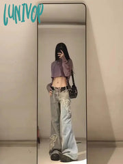 Lunivop Y2K Women Vintage Sweet Blue Flare Jeans Harajuku Butterfly Embroidery Straight Trousers