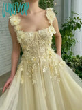 Lunivop Yellow Floral Prom Dresses Lace Applique Tulle With Belt Spaghetti Strap Long Sweep Train