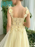 Lunivop Yellow Floral Prom Dresses Lace Applique Tulle With Belt Spaghetti Strap Long Sweep Train