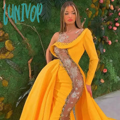 Lunivop Yellow Lace Crystal Prom Dresses 2024 Women Luxry S Line Slits Formal Party Dress One