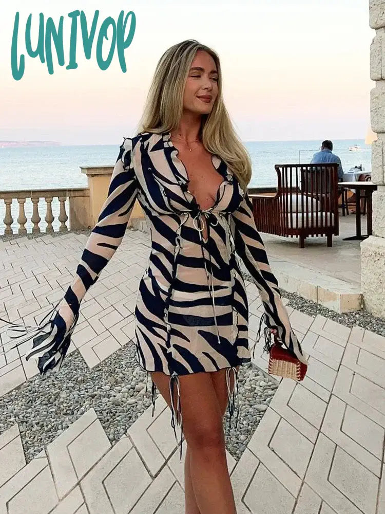 Lunivop Zebra Print Long Sleeve Mini Dress Ruffles Mesh Sexy Summer Beach Party Dresses Bodycon Tie