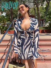 Lunivop Zebra Print Long Sleeve Mini Dress Ruffles Mesh Sexy Summer Beach Party Dresses Bodycon Tie