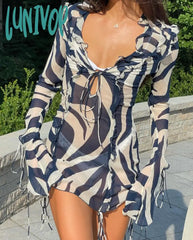 Lunivop Zebra Print Long Sleeve Mini Dress Ruffles Mesh Sexy Summer Beach Party Dresses Bodycon Tie