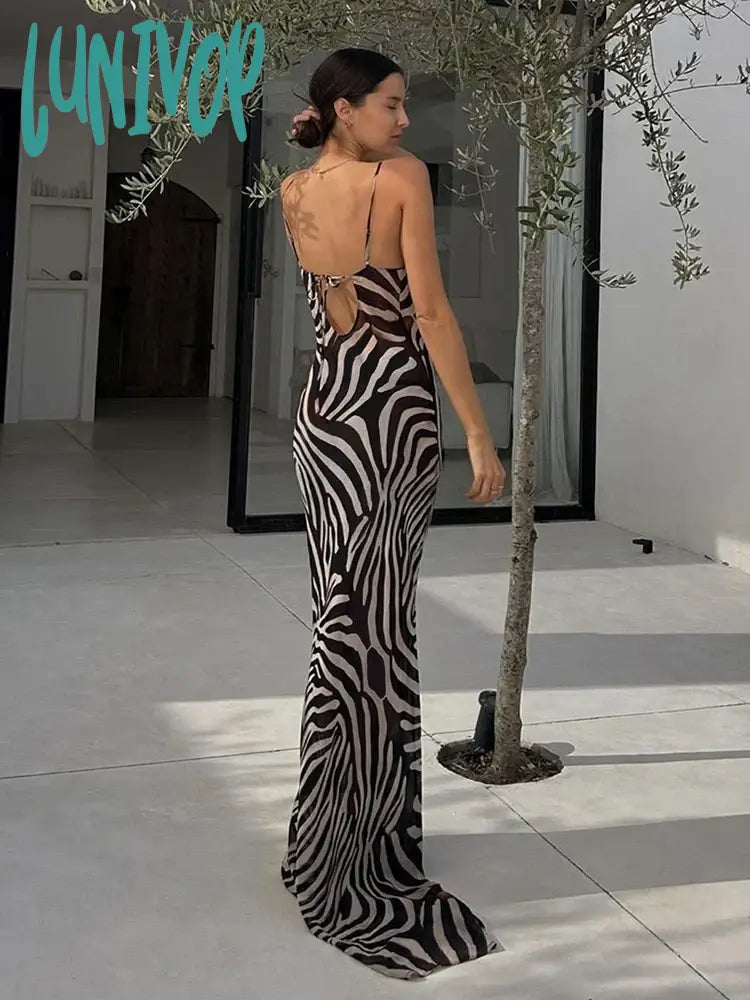 Lunivop Zebra Print Maxi Dress Women Fashion Sheer Chiffon Holidays Beach Summer Elegant Sexy Front